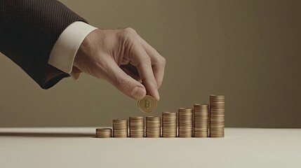 Poster - Hand Placing Bitcoin Coin on Stacked Gold Coins Representing Growth