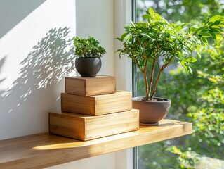 Poster - Bamboo storage boxes on rustic shelf side view gentle sunlight highlighting texture indoor environment natural home decor