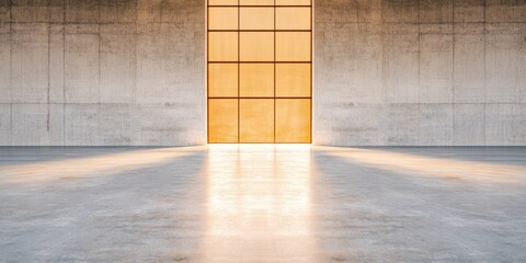 Aufkleber - Minimalist Industrial Architecture Golden Light Illuminating Concrete Workspace - Innovative Design Meets Architectural Efficiency in Modern Facility Visualization