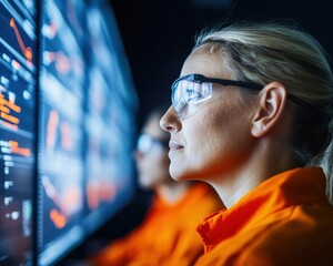 Aufkleber - Sustainable Energy Insights Climate-Adaptive Female Professional Analyzing Carbon Reduction Metrics in Advanced Digital Control Environment - Next-Gen Climate Technology