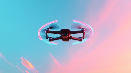 Leinwandbilder - Neon-Infused Urban Drone Technology Next-Gen Aerial Innovation in Pastel Cyberpunk Landscape - Future of Autonomous Mobility Solutions