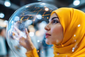 Aufkleber - Immersive Tech Horizons Visionary Woman in Vibrant Yellow Hijab Exploring Holographic Global Innovation Landscape - Next-Gen Digital Connectivity Insights
