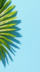 Aufkleber - Minimalist Tropical Botanical Design Vibrant Palm Leaf Silhouette on Serene Blue Background - Contemporary Eco-Friendly Lifestyle Aesthetic