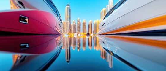 Poster - Neo-Urban Luxury Waterscape Immersive Dubai Marina Panorama - Futuristic Architectural Reflection Showcasing Premium Lifestyle and Smart City Innovation