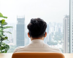 Aufkleber - Urban Professional Mindfulness Minimalist Remote Work Sanctuary with Cityscape Vista - Tranquil Digital Networking for Modern Entrepreneurs