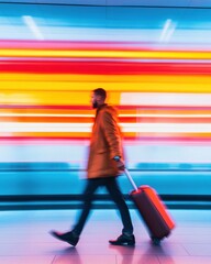 Aufkleber - Dynamic Urban Mobility Vibrant Gen Z Professional Navigating Blurred Motion Travel Experience with Sleek Minimalist Luggage and Cinematic Color Gradient