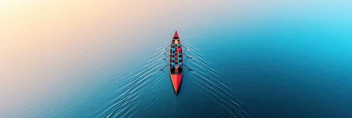 Poster - Dynamic Rowing Aesthetic Aerial View of Team in Racing Shell on Calm Water - Precision Teamwork for Competitive Sports Programs and Outdoor Fitness Marketing
