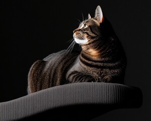 Poster - Minimalist Pet Portraiture Elegant Tabby Cat in High-Contrast Studio Setting - Contemporary Animal for Lifestyle Brands