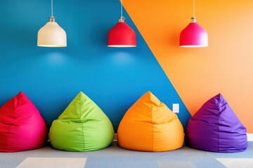 Aufkleber - Vibrant Neurodiversity-Friendly Design Color-Coded Sensory Lounge with Modern Bean Bags and Adaptive Pendant Lighting for Inclusive Learning Spaces