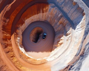 Poster - Aerial Vision of Terraced Open-Pit Mine Spiral Access Roads and Rock Layers - Dynamic Resource Extraction Content for Modern Mining and Earth Science Industries
