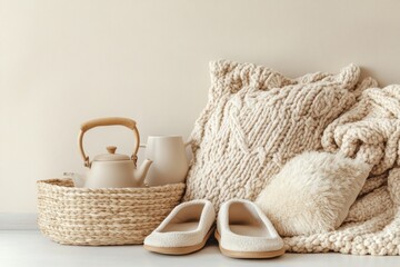 Aufkleber - Scandinavian Minimalism in Cozy Home Decor Beige Knit Blanket, Plush Slippers and Ceramic Teapot for Modern Interiors and Hygge-Inspired Commercial Applications
