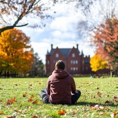Aufkleber - Hybrid Learning Revolution Gen Z Student Embracing Outdoor Flexible Education with Laptop in Serene Autumn Campus Landscape - Mindful Digital Productivity