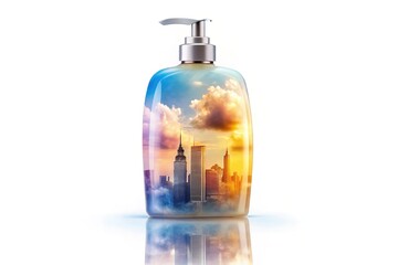 Wall Mural - futuristic conditioner bottle with cityscape double exposure, pastel sky