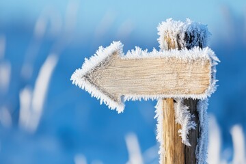 Aufkleber - Minimal Winter Landscape Frosted Wooden Directional Sign in Crystalline Blue Atmosphere - Ethereal Climate Change and Environmental Awareness Imagery