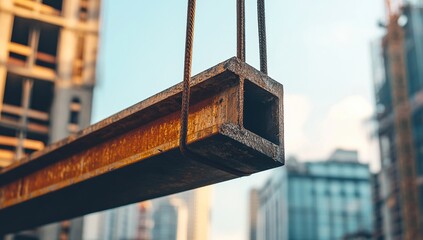 Poster - Rusty Steel Beam Hanging During Urban Construction