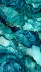 Poster - Abstract fluid art featuring teal and gold watercolor marbling