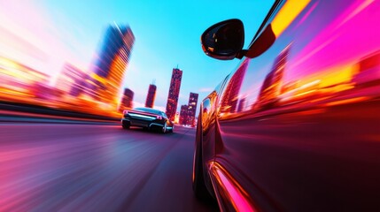 Poster - Cyberpunk Urban Velocity Dynamic High-Speed City Driving Experience with Neon-Infused Motion Blur and Futuristic Architectural Landscape