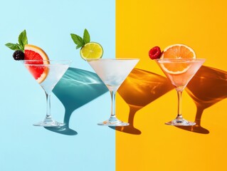 Aufkleber - Vibrant Color-Block Mixology Contemporary Craft Cocktail Design with Fresh Botanical Garnishes - Trendsetting Beverage Styling for Culinary Marketing