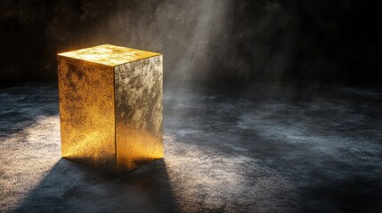 Poster - Illuminated golden cube on a dark textured surface with beams of light creating a dramatic ambiance and depth in the scene