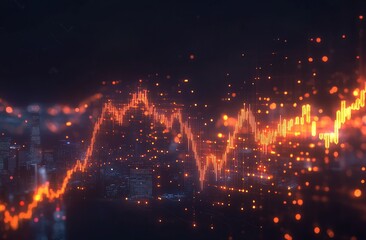 Poster - Glowing Orange and Red Stock Market Candlestick Chart Over Night Cityscape