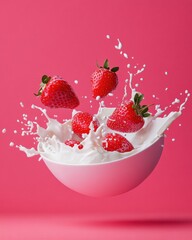 Poster - Dynamic Culinary Motion Vibrant Strawberries Splashing in Creamy Milk - Gourmet Food for Modern Lifestyle Branding and Creative Marketing