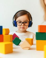 Poster - Sensory-Friendly Neurodivergent Learning Colorful Block Play with Noise-Canceling Headphones for Focused Early Childhood Development