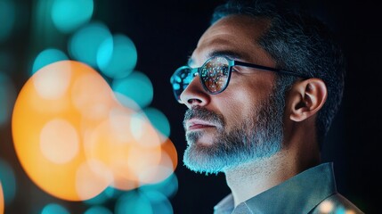 Fototapete - Futuristic Urban Nightscape Stylish Millennial Man in Glasses with Neon Bokeh - Innovative Digital Marketing and Modern Business Strategy Visuals