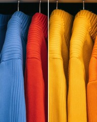 Poster - Minimalist Color Coordination Vibrant Knitwear Display for Modern Retail - Enhancing Visual Merchandising with Textured Fabrics for Fashion Industry