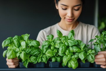 Canvas Print - Urban Farming Trend Young Woman Nurturing Fresh Basil in Eco-Friendly Indoor Planters - Sustainable Living for Modern Homes and Commercial Urban Agriculture