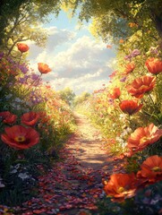 Wall Mural - Inviting path through a lush forest adorned with colorful flowers leading into nature's tranquil embrace