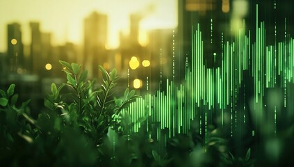 Poster - Green Growth Chart Over Cityscape at Sunset