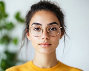 Fototapete - Minimalist Eyewear for Modern Professionals Sleek Metal Frames on Young Female Model - Ideal for Digital Marketing and Fashion Industry Branding