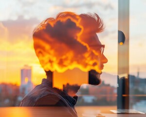 Fototapete - Futuristic Double Exposure Portrait Urban Sunset Silhouette with Vibrant Flames - Modern Digital Art for Creative Advertising and Innovative Office Decor