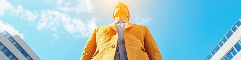 Poster - Minimalist Urban Fashion Vibrant Yellow Coat in Architectural Setting - Modern Streetwear for Young Professionals in Luxury Retail and Digital Marketing
