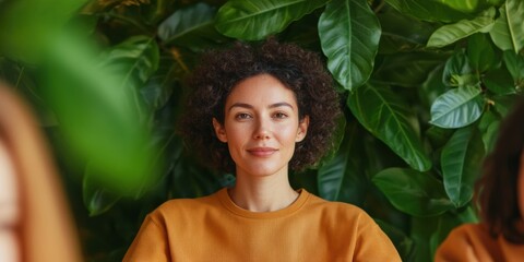 Aufkleber - Modern Biophilic Office Meeting Diverse Team Collaboration with Eco-Friendly Textures for Corporate Wellness and Inclusion in Professional Environments
