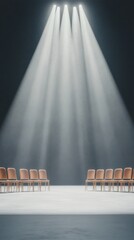 Poster - Minimalist Theater Setup Contemporary Spotlight Design with Wooden Seats - Luxury Entertainment Industry Content for Modern Event Planning and Experiential Marketing
