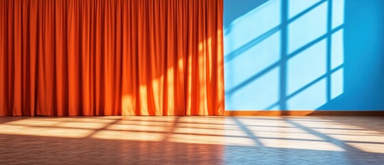 Poster - Minimalist Color Block Interior Vibrant Orange Curtains and Blue Wall for Modern Office Design - Enhancing Creativity and Productivity in Professional Spaces
