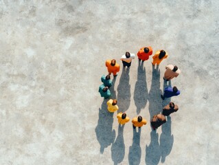 Aufkleber - Minimalist Team Collaboration Aerial View of Diverse Group in Circle Formation on Concrete - Modern Corporate Team Building and Diversity Inclusion Content