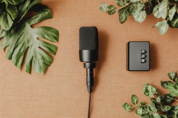 Leinwandbilder - Eco-Friendly Podcast Studio Setup Textured Microphone with Eco-Conscious Foliage on Rustic Fabric - Innovative Audio Content Creation for Digital Media Producers