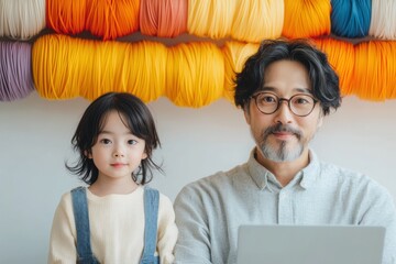 Poster - Vibrant Home Innovation South Korean Father-Daughter Duo Harness Printing in Creative Workspace with Colorful Filaments - Empowering Family Learning and DIY Engineering