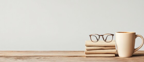 Poster - Retro Chic Workstation Folded Newspaper Stack with Artisan Ceramic Mug and Vintage Glasses - Engaging Print Media for Office Ambience and Content Creation in Business Spaces