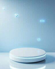 Aufkleber - Futuristic Medical Display Polished Acrylic Podium with LED Icons on Blue Hospital Floor - Enhancing Cleanliness and Innovation in Healthcare Environments