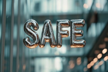 Fototapete - Tech-Savvy Office Decor Floating Silver SAFE Letters in Glass-Wrapped Light - Minimalist Design for Modern Workspace Security and Sophisticated Branding