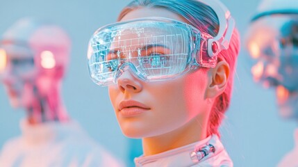 Leinwandbilder - Futuristic Healthcare Aesthetics Metallic Medical Professionals with Holographic Interfaces in Neon Lit Environment - Innovative Tech for Enhanced Patient Analytics