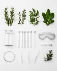 Aufkleber - Minimalist Lab Setup Glassware and Greenery on White Surface for STEM Education and Eco-Friendly Research Promotions in Modern Laboratory Spaces