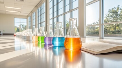 Leinwandbilder - Sunlit STEM Lab Colorful Flasks and Open Textbook in Modern Science Classroom - Educational Content and University Lab Innovation for Future-Ready Discovery