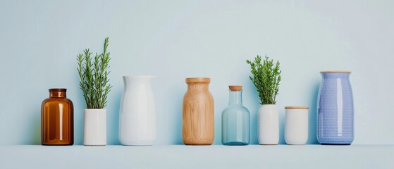 Poster - Minimalist Kitchen Countertop Display Ceramic and Glass Containers with Greenery - Modern Home Decor and Sustainable Culinary Design for Efficient Space Management