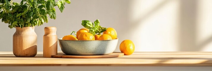 Poster - Sunlit Modern Kitchen Fresh Citrus and Herb Display in Ceramic Bowl on Wooden Counter - Bright Lifestyle Imagery for Wellness Branding and Home Decor