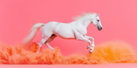 Poster - Dynamic Equine Art White Stallion Leaping Through Bold Pink and Orange Hue - Luxury Hotel Decor and Contemporary Design Statement in Hospitality Spaces