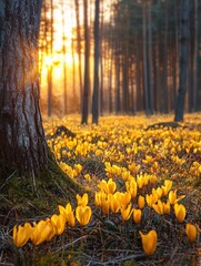 Wall Mural - Enchanting forest scene filled with bright yellow flowers blooming amongst lush green foliage underneath a clear sky